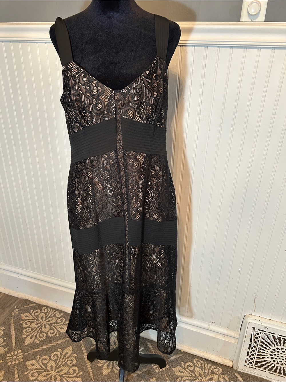 Ann Taylor Black Lace Midi Dress with Nude Lining